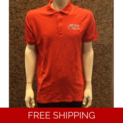 Le Studio Polo Red Shirt White & Blue Embroidered Front Logo}
